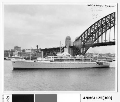 Departing P&O liner ORCADES passing under the Sydney Harbour Bridge and crossing the entrance to Sydney Cove