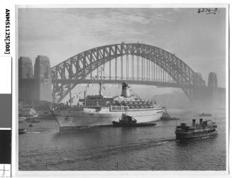Lloyd Triestino passenger liner GALILEO GALILEI arriving in Sydney and being assisted to her berth at Circular Quay by several tugboats