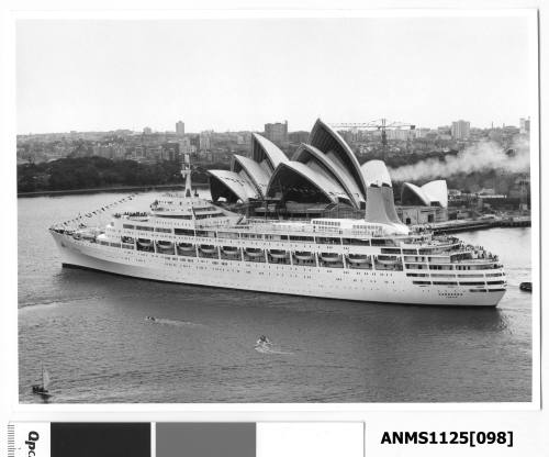 Photograph of SS CANBERRA leaving Sydney Harbour