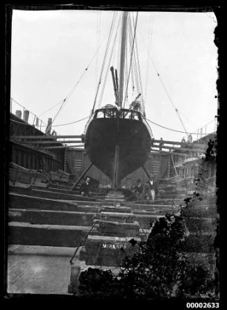 Yacht MIRANDA in dry dock/ slipway, Sydney Harbour