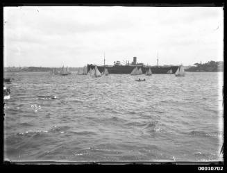 Sloops and cargo vessel on Sydney Harbour, inscribed 955/2