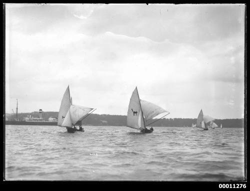 Two 16-foot skiffs, one with Black Cat and other with Arrow insignias lead fleet out of Athol Bight on Sydney Harbour