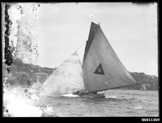 18-foot skiff, sail insignia is two triangles one inside the other sailing on Sydney Harbour with Point Piper in background