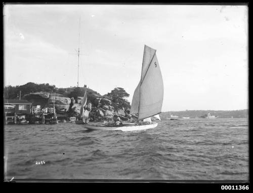 Large gaff cutter sails past Steel Point, Sydney Harbour, inscribed 2236