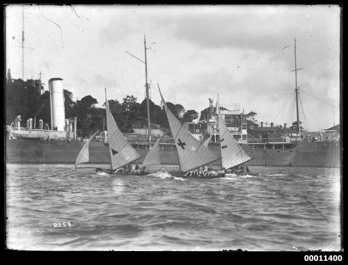 16-foot skiffs and steamer on Sydney Harbour, inscribed 2258