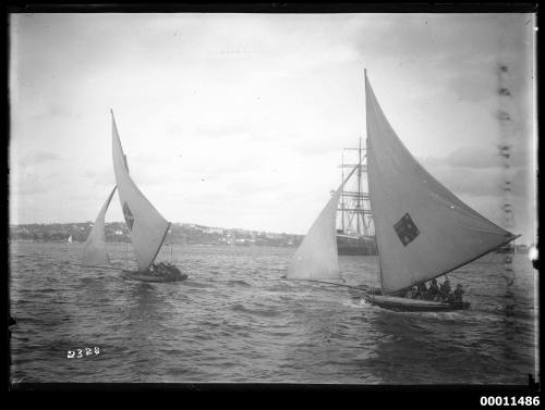 18-footers MASCOTTE and KISMET with training  vessel TINGIRA in background on Sydney Harbour