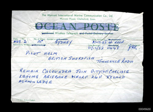 Telegram sent by Captain Basil Helm