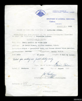 Permit to enter the territory of Papua and New Guinea