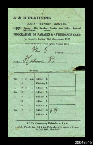 Programme of Parades and Attendance card