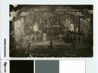 Postcard featuring a black and white photograph from the final scene of the play The Treasure Ship