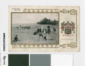 Postcard featuring a black and white Victoria Pier and sands, Blackpool
