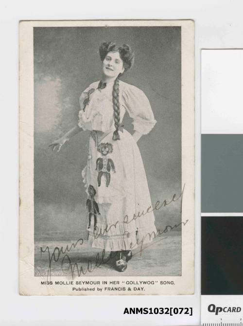 Postcard featuring a black and white photograph of Miss Mollie Seymour in her Gollywog song