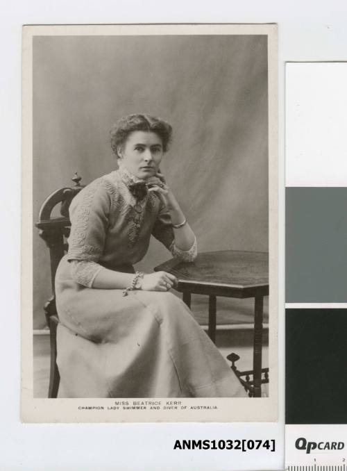 Postcard featuring a black and white photograph of Miss Beatrice Kerr, Champion Lady Swimmer and Diver of Australia