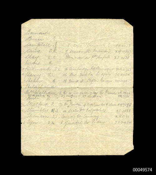 Handwritten list of names and addresses