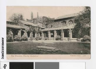 Postcard featuring a black and white photograph of The Cloisters, Chester Cathedral