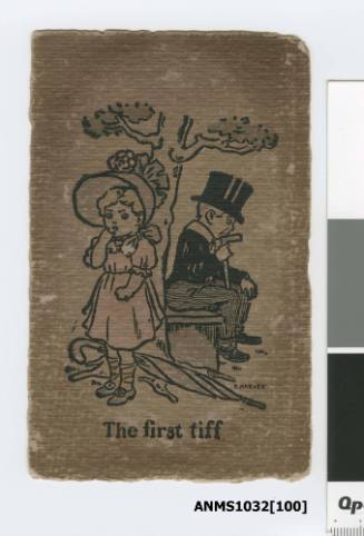 Postcard featuring a colour illustration titled The first tiff