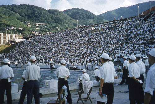 Spectators at a pool in Osaka