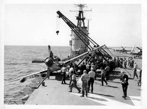 Flight deck on aircraft carrier HMAS SYDNEY during manouvres off Tasmanian coast, March 1951