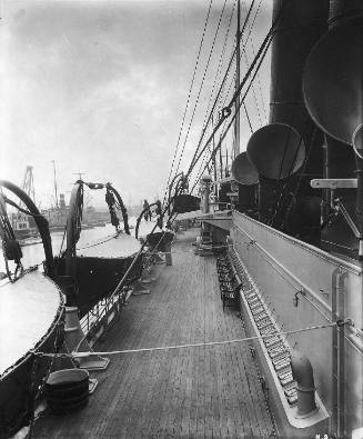 Deck of a ship with lifeboats on davits