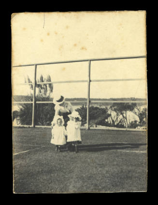 Fanny Danahay with her children Hilda and Mabel, in the tennis court on Garden Island