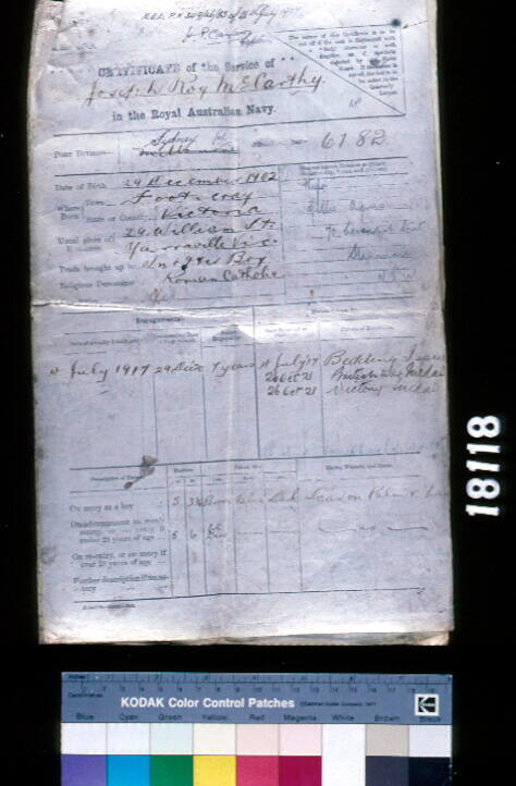 Certificate of the Service of Joseph Roy McCarthy in the Royal Australian Navy