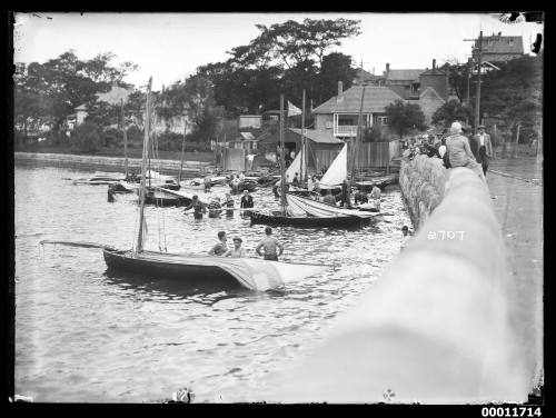 Birchgrove 14-footers preparing for a race at Birchgrove, Sydney Harbour