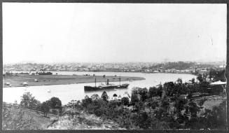 Black and white 120 film negative strip containing three images of vessels and houses around the Brisbane River