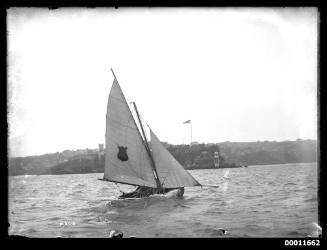 18-foot skiff with sail insignia of shield and capital A in centre sails past Neutral Bay wharf area under reduced main and small headsail