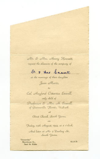 Wedding invitation for the marriage of Jean Mavis Kennett to Hayford Octavius Enwall
