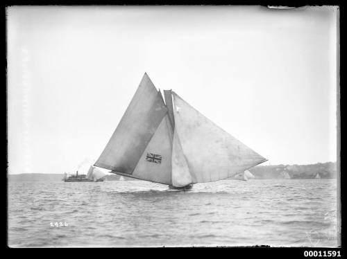 18-foot skiff AUSTRALIA carrying all sails including ring-tail outside union jack insignia