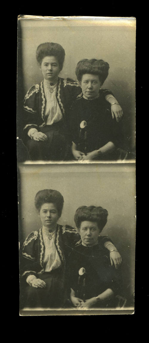 Two black and white photographs, joined, of Beatrice Kerr on the right, with her arm around a woman sitting on the left