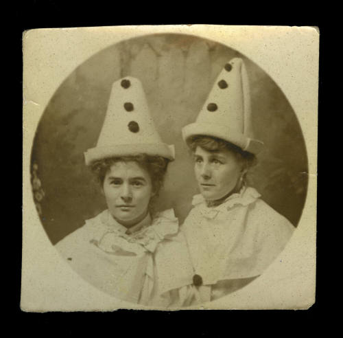 Beatrice Kerr and unidentified woman wearing clown costumes