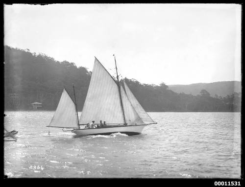 Gaff yawl towing a dinghy on Pittwater, inscribed 2364