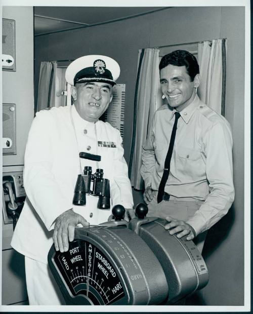 Captain EGH Riddelsdell, Master of CANBERRA and David Hedison, Captain of television's "Voyage to the Bottom of the Sea" futuristic ship SEAVIEW