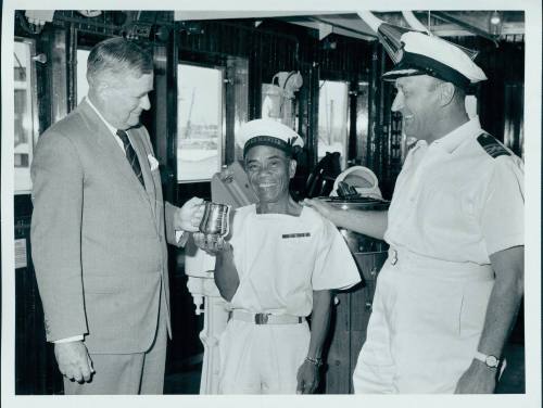 PUBLIC RELATIONS 54, RAHMAT RAHMAN, RETIRING E & A  Q M ON BOARD "ARAMAC" [?] DECEMBER  1967 WITH MR N D PIXLEY AND CAPT J L G PLANT [CAPTION]