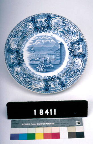 Blue and white transfer ware ceramic plate