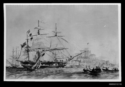 Photograph of illustration of three masted sailing vessel under sail