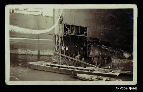 Repairs to the bow of a damaged steamship