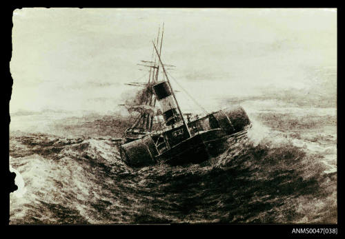 Paddle tugboat towing a three masted ship through a swell