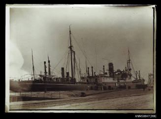 Wharf with a docked steamship taking on cargo