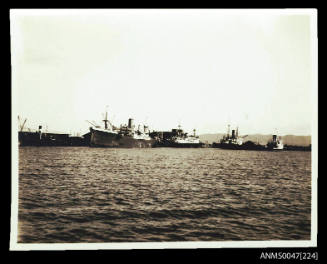 Harbour with several docked steamships