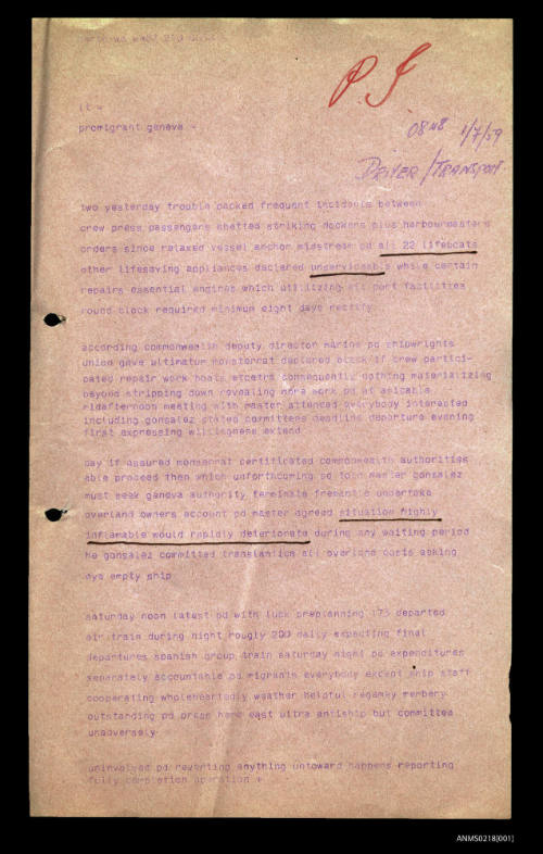 Telegram relating to MONTSERRAT and detailing the problems between passengers and crew and the unservicable state of the ship's lifeboats