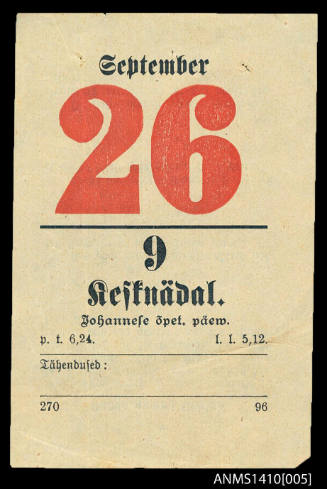 Desk calendar page, dated 26 September