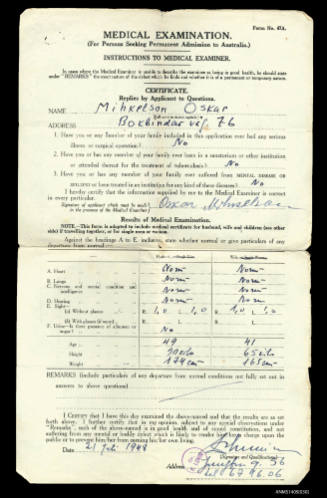 Medical certificate issued to Oskar Mihkelson for entry to Australia