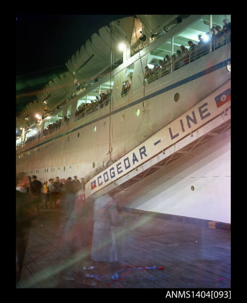 Photographic transparency showing passengers aboard the ship FLAVIA about to depart