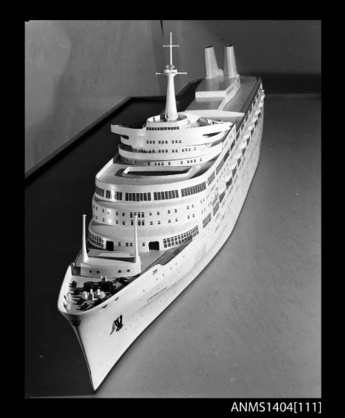 Photographic negative showing a scale model of the ship CANBERRA