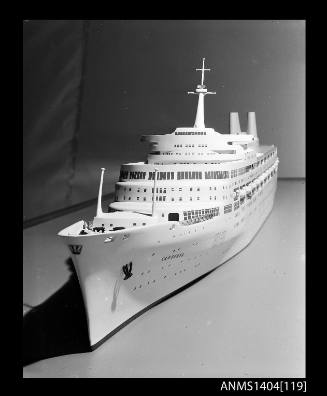 Photographic negative showing a scale model of the ship CANBERRA