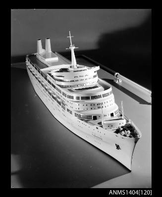 Photographic negative showing a scale model of the ship CANBERRA