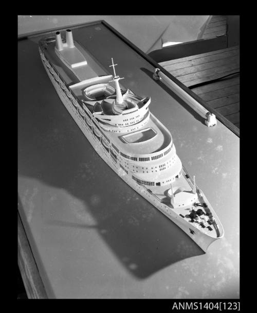 Photographic negative showing a scale model of the ship CANBERRA