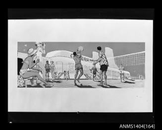 Photographic negative showing an artwork depicting a game of deck volleyball aboard the ship CANBERRA